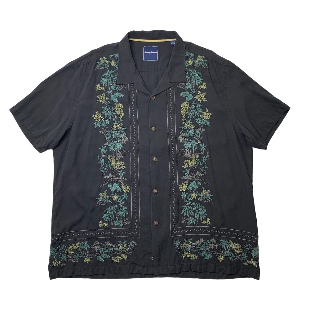 Tommy Bahama Shirt Mens 3XL Black Silk Embroidered Button Up Long Sleeve Camp